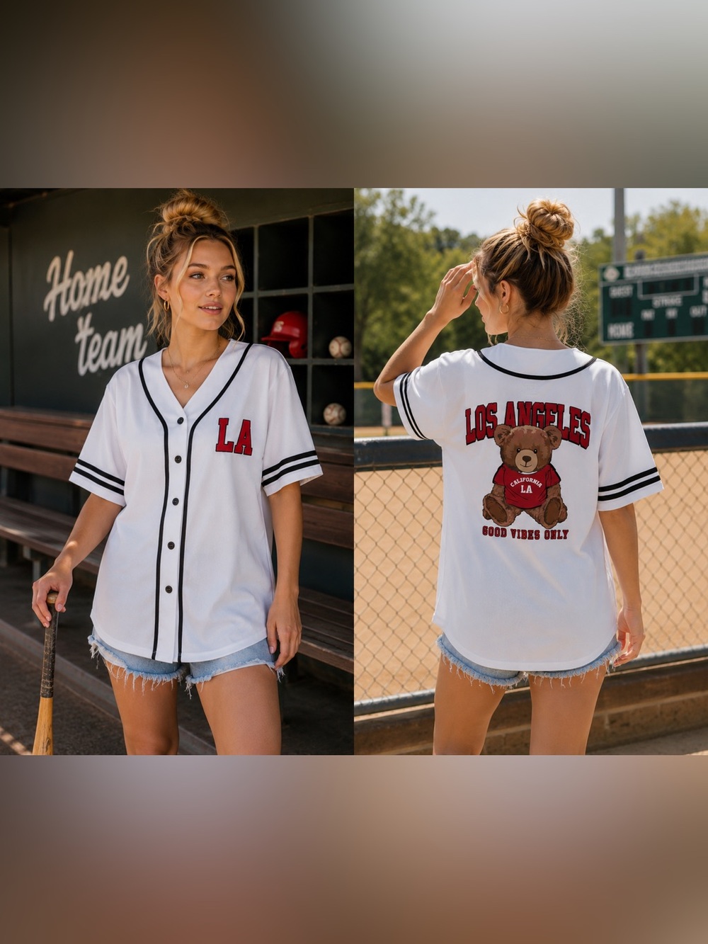 White Baseball Jersey with Red LA Patch , Black Trim and a cute Teddy Bear Back